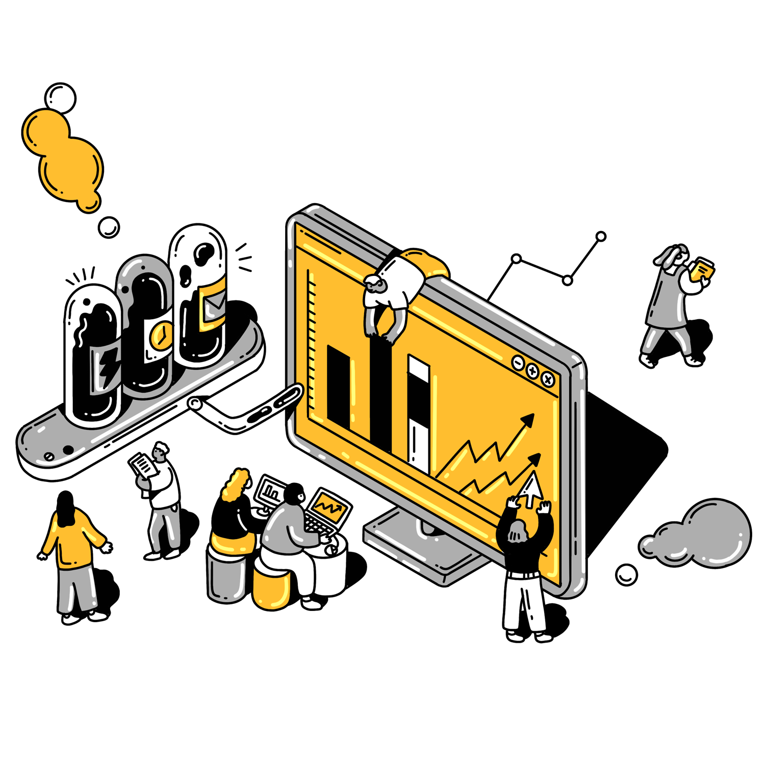An illustration of a large computer screen and tiny workers hovering around it